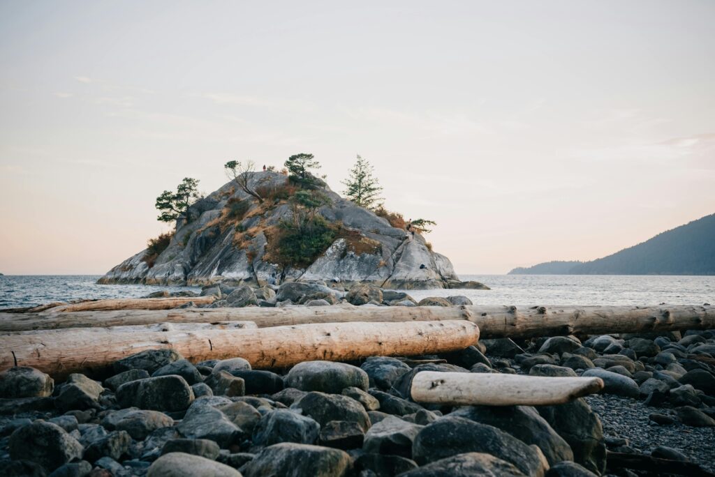 Tranquil scene of a rocky island and driftwood on a serene seashore at sunset.